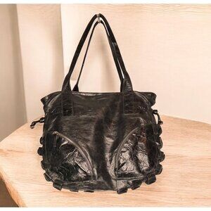 Ripani Black Genuine Leather Tote Bag With Zippered Pockets & Dual Handles
